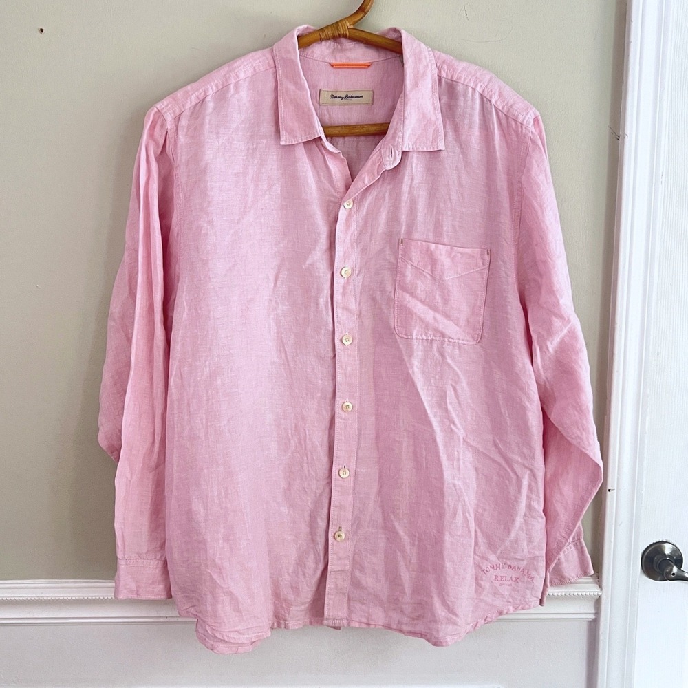 Tommy Bahama Button Down XXL Men Relax 100% Linen Long Sleeve Pink Coastal Shirt
